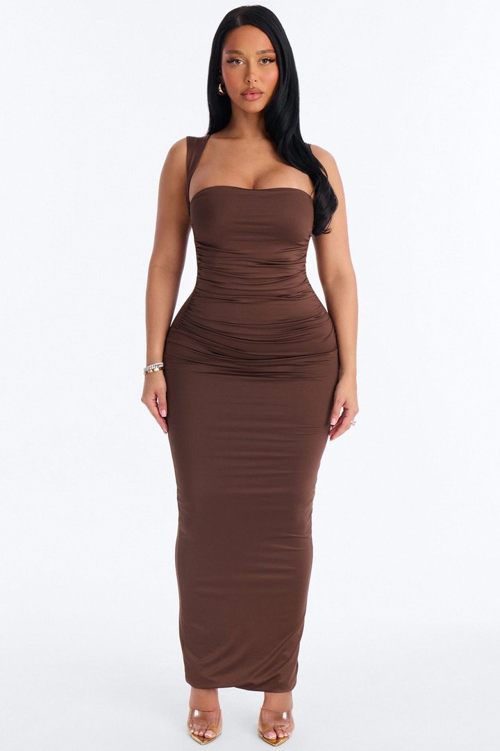 Contour Double Lined Straight Neck Maxi Dress - Chocolate
