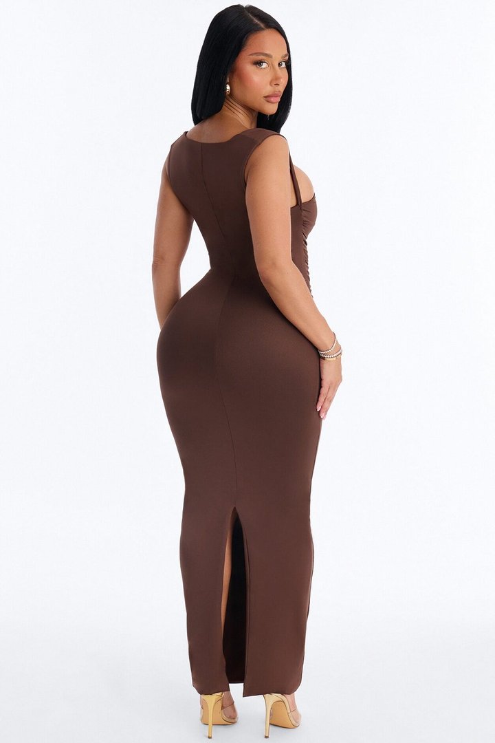 Contour Double Lined Straight Neck Maxi Dress - Chocolate
