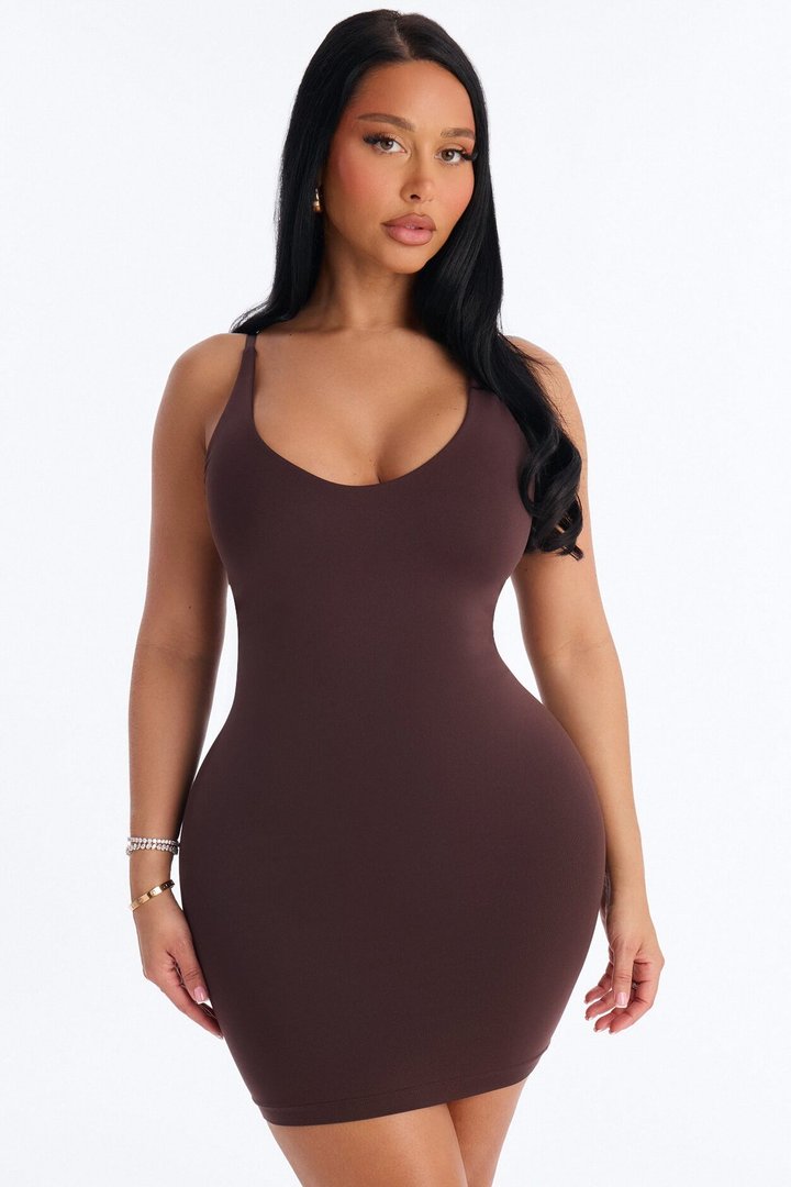 Seamless Smooth Double Lined Scoop Neck Mini Dress - Chocolate