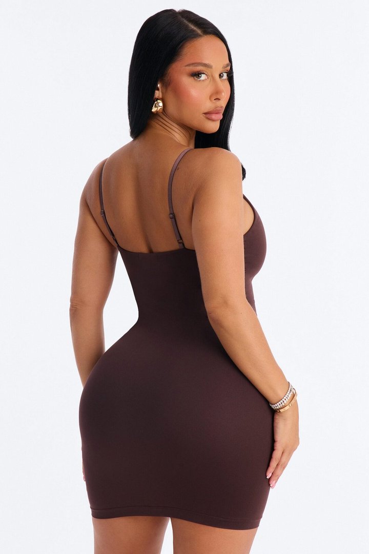 Seamless Smooth Double Lined Scoop Neck Mini Dress - Chocolate