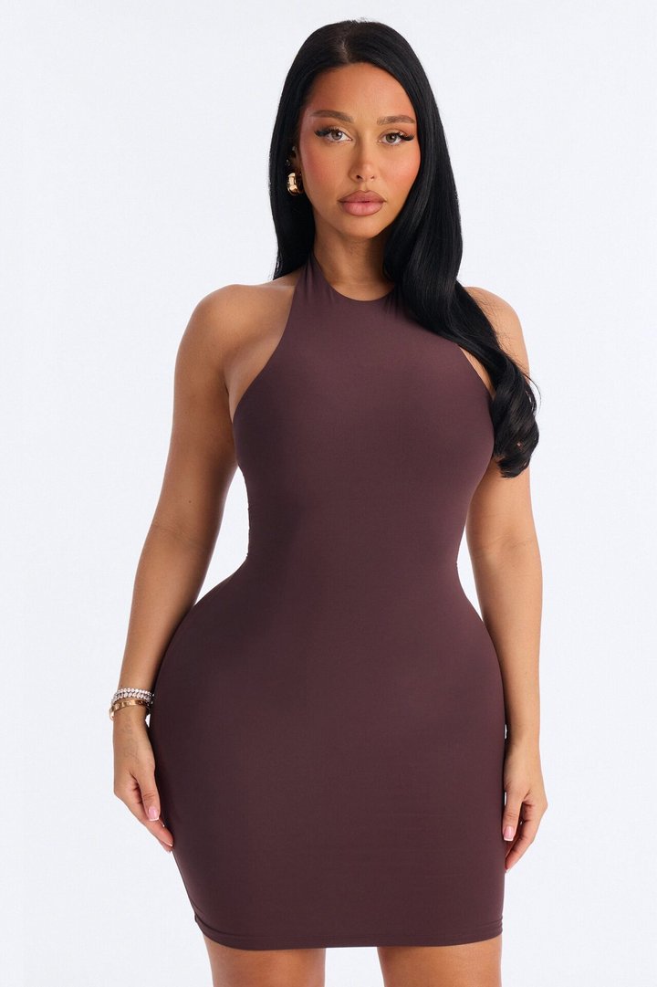 Second Skin Bra Pad Sleeveless Halter Mini Dress - Chocolate