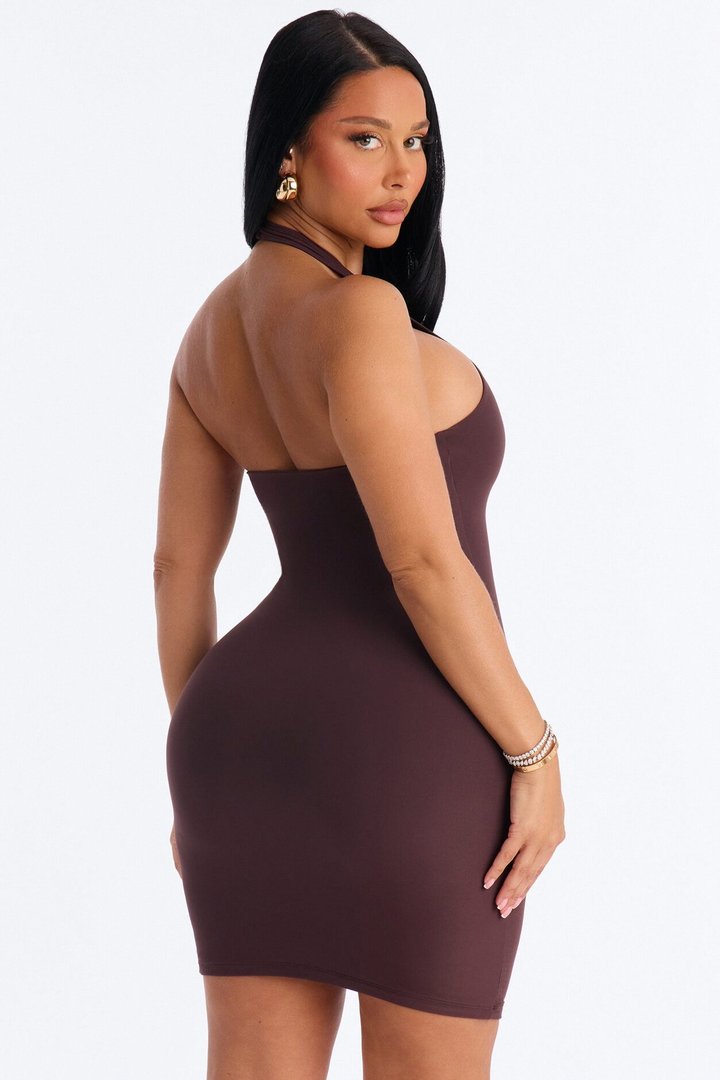 Second Skin Bra Pad Sleeveless Halter Mini Dress - Chocolate