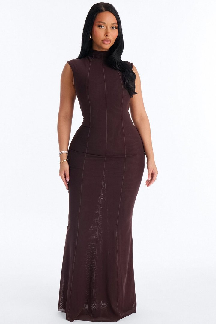 Power Mesh Double Lined Mock Neck Sleeveless Maxi Dress - Chocolate