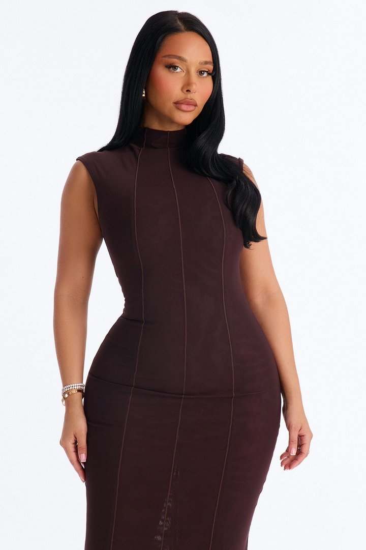 Power Mesh Double Lined Mock Neck Sleeveless Maxi Dress - Chocolate