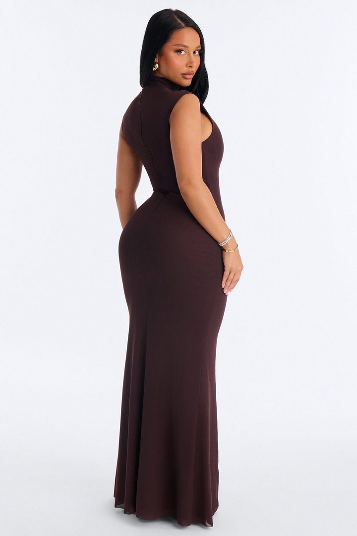 Power Mesh Double Lined Mock Neck Sleeveless Maxi Dress - Chocolate