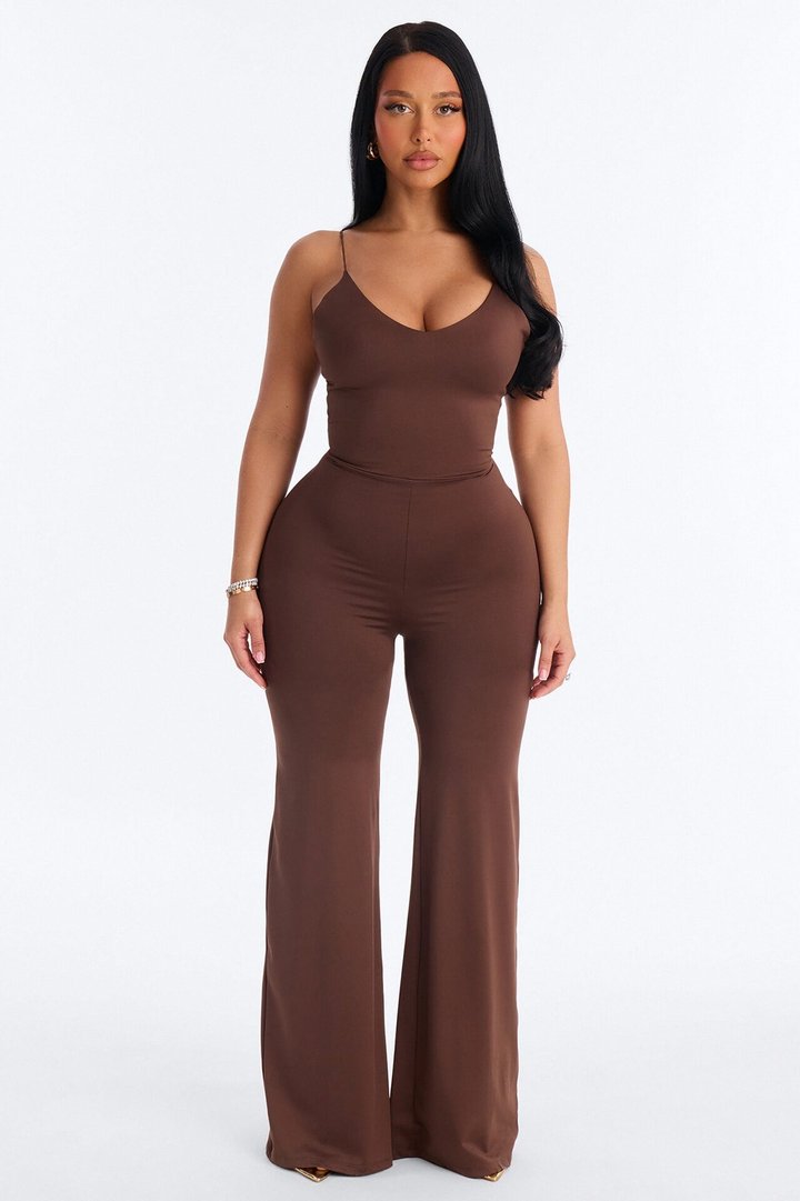Contour Double Lined Spaghetti Strap Scoop Neck Jumpsuit - Chocolate