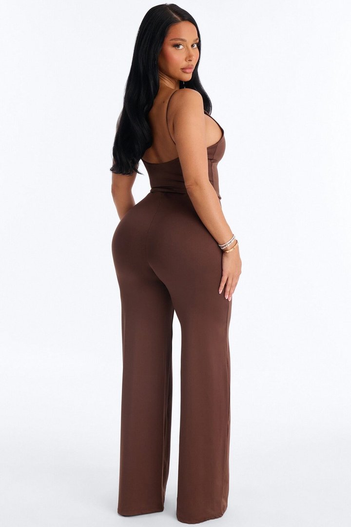 Contour Double Lined Spaghetti Strap Scoop Neck Jumpsuit - Chocolate
