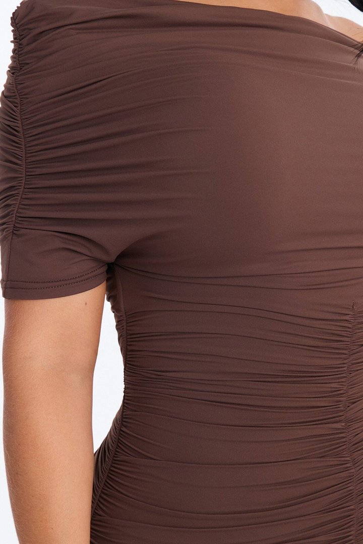 Second Skin Double Lined Off Shoulder Ruched Mini Dress - Chocolate