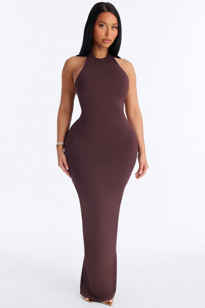 Second Skin Bra Pad Sleeveless Halter Maxi Dress - Chocolate