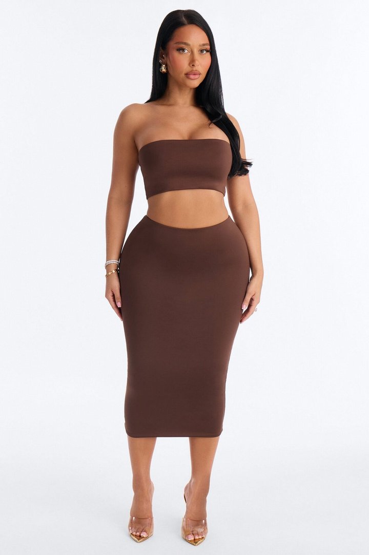 Contour Double Lined Pencil Midi Skirt - Chocolate