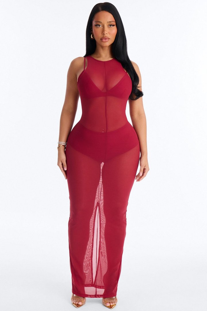 Power Mesh Sleeveless 3 Piece Maxi Dress Set - DarkRed