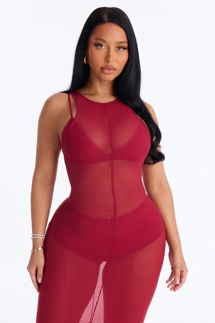 Power Mesh Sleeveless 3 Piece Maxi Dress Set - DarkRed