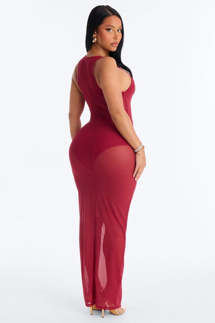 Power Mesh Sleeveless 3 Piece Maxi Dress Set - DarkRed