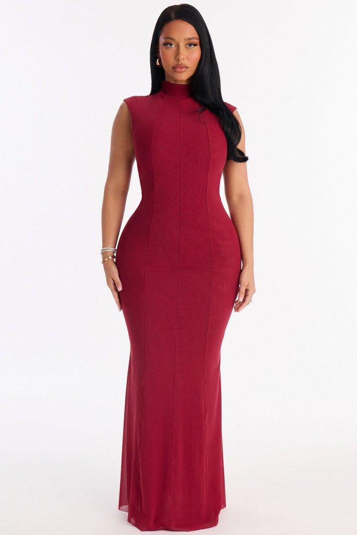 Power Mesh Double Lined Mock Neck Sleeveless Maxi Dress - DarkRed