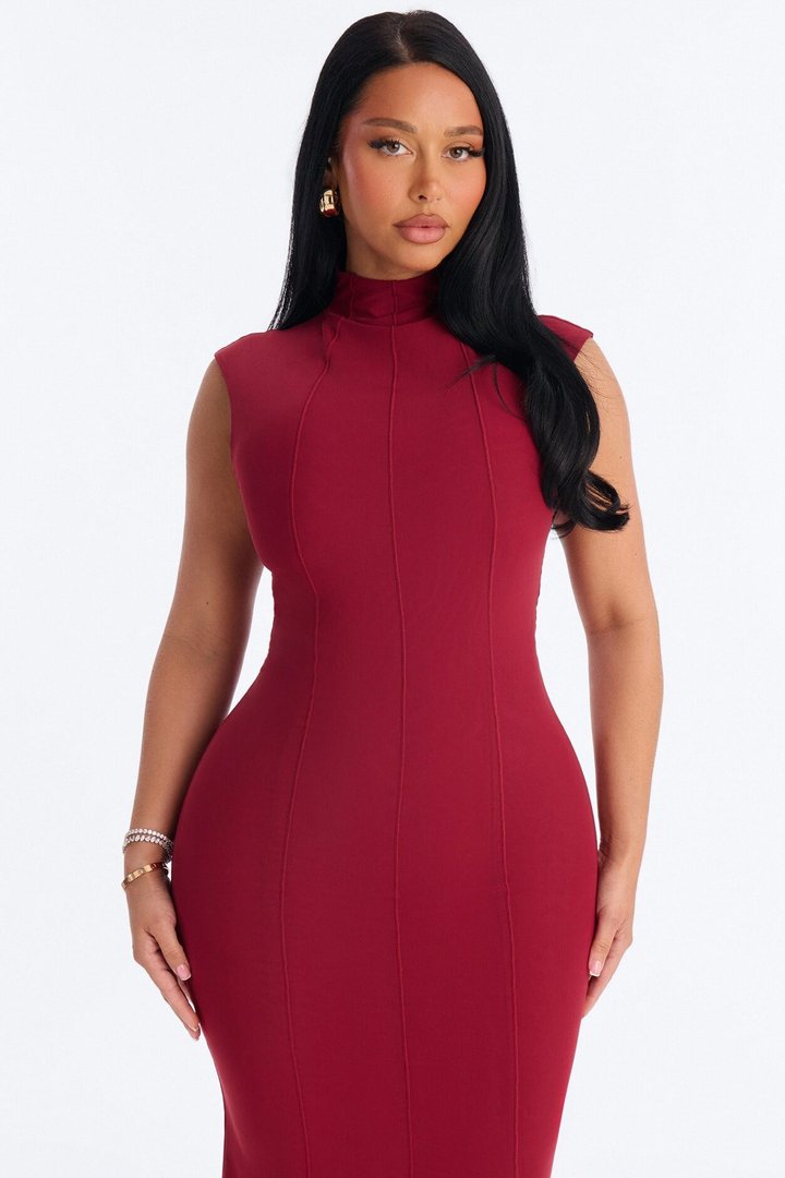 Power Mesh Double Lined Mock Neck Sleeveless Maxi Dress - DarkRed
