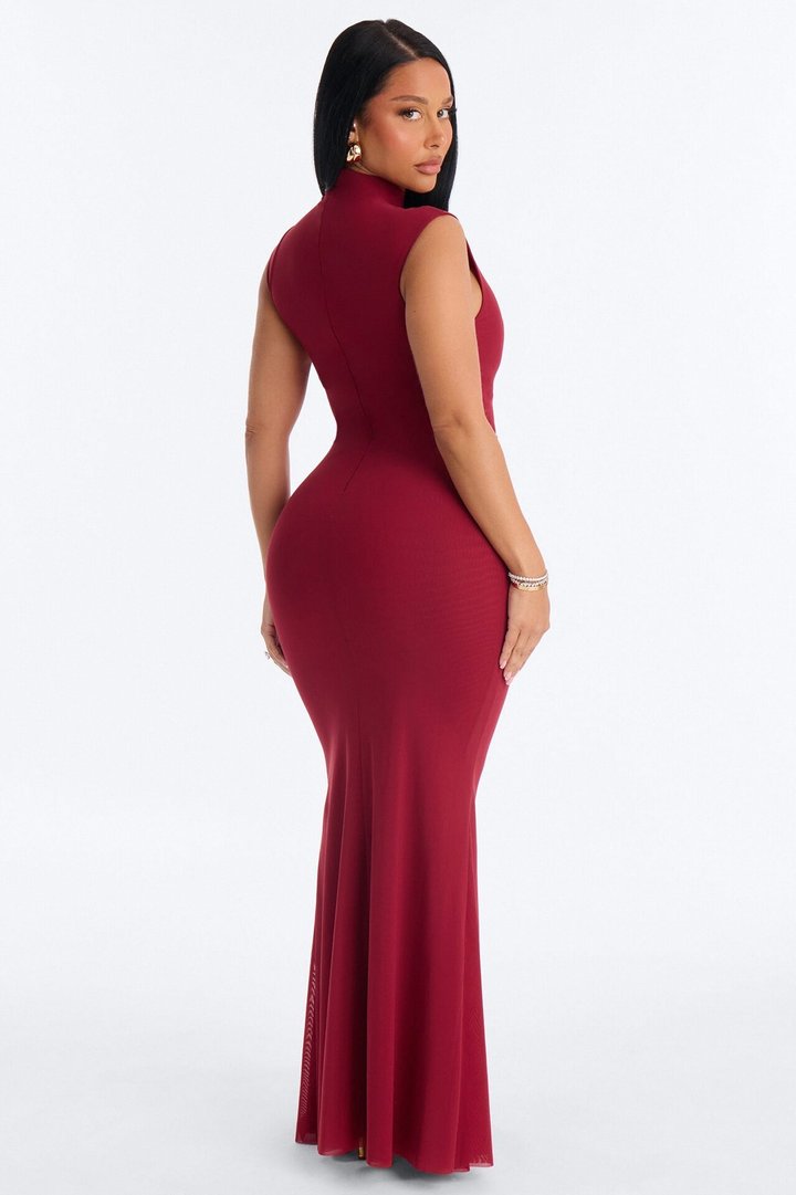 Power Mesh Double Lined Mock Neck Sleeveless Maxi Dress - DarkRed