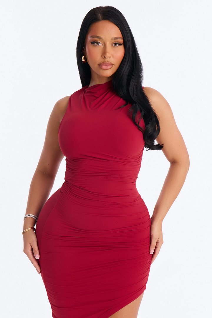 Second Skin Double Lined Ruched Slit Midi Dress - DarkRed