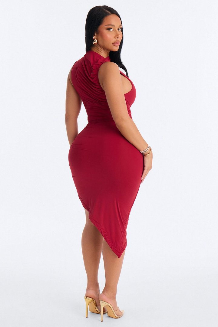 Second Skin Double Lined Ruched Slit Midi Dress - DarkRed