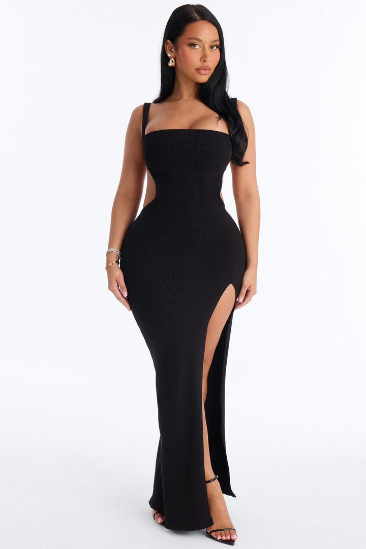 Olivia Snatched High Slit Maxi Dress - Black