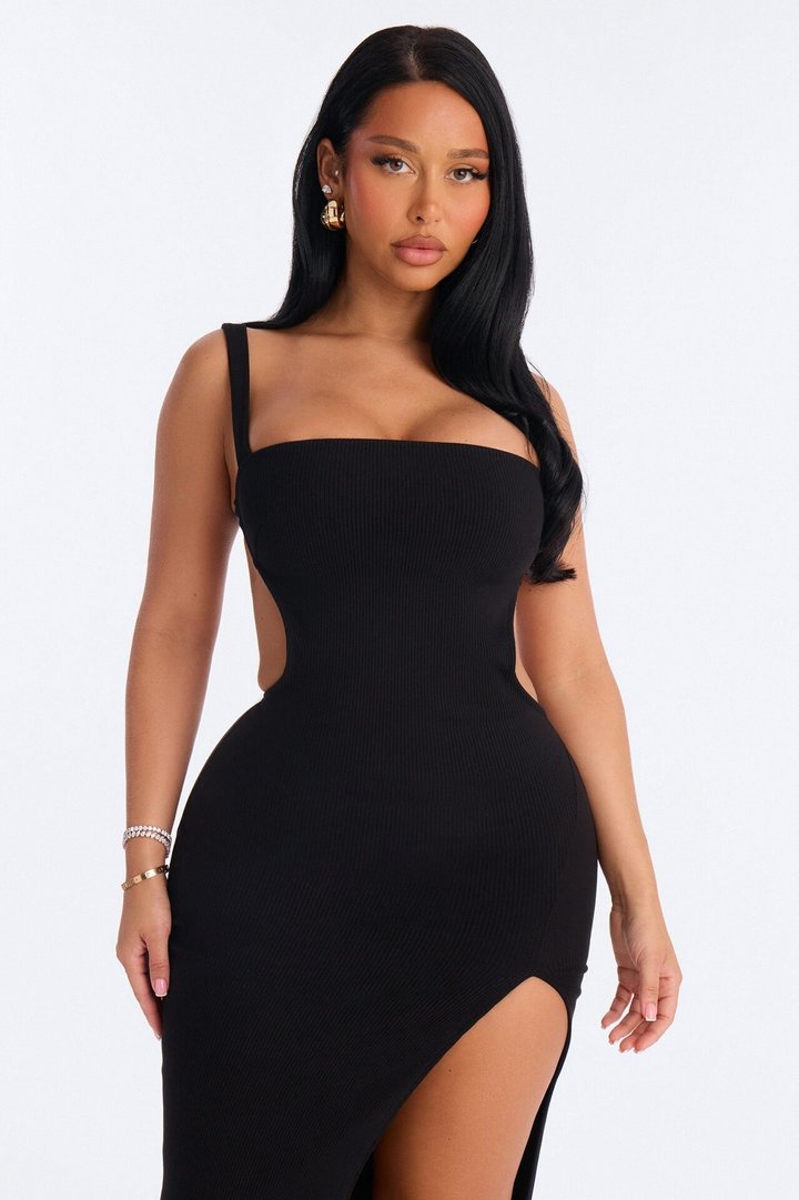 Olivia Snatched High Slit Maxi Dress - Black