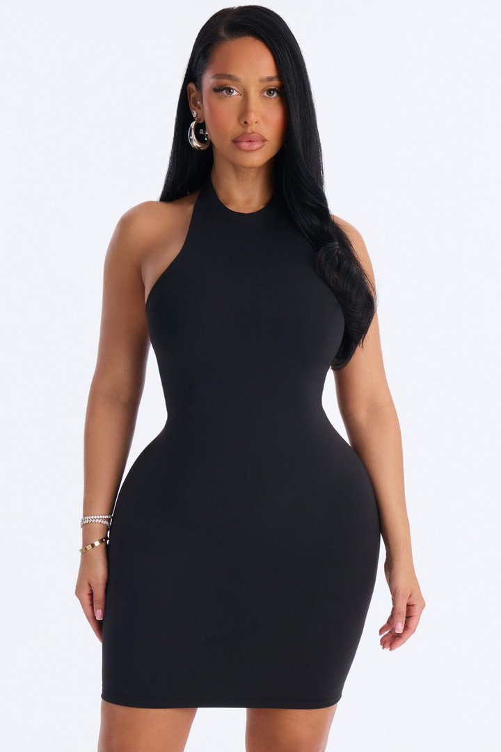 Second Skin Bra Pad Sleeveless Halter Mini Dress - Black