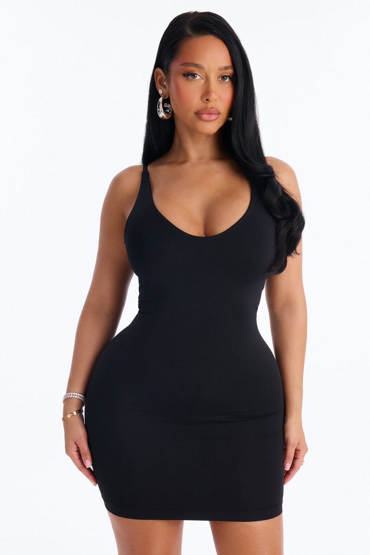 Seamless Smooth Double Lined Scoop Neck Mini Dress - Black