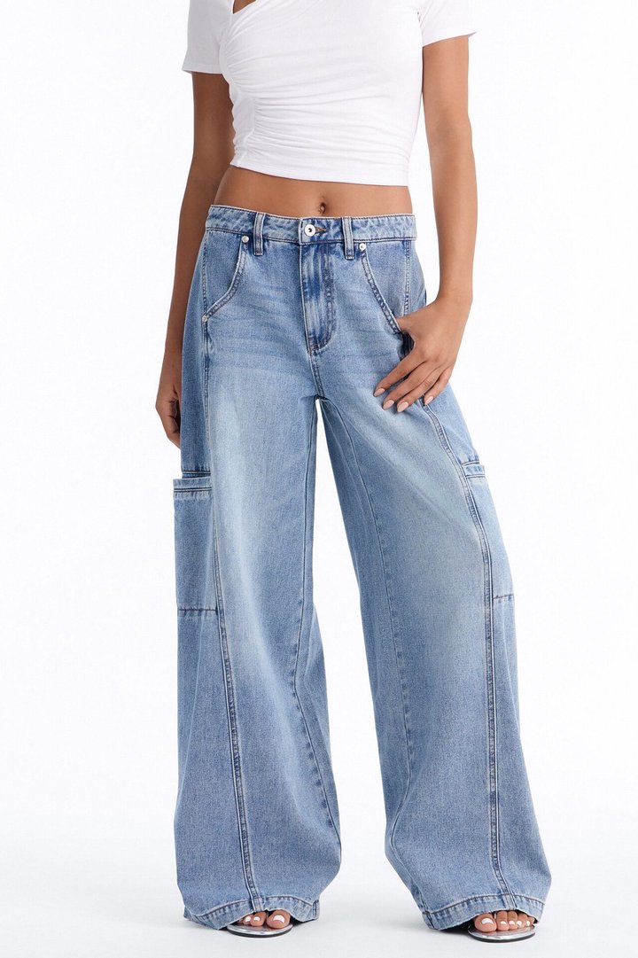 Take Two Cargo Wide Leg Jeans - Medium Wash