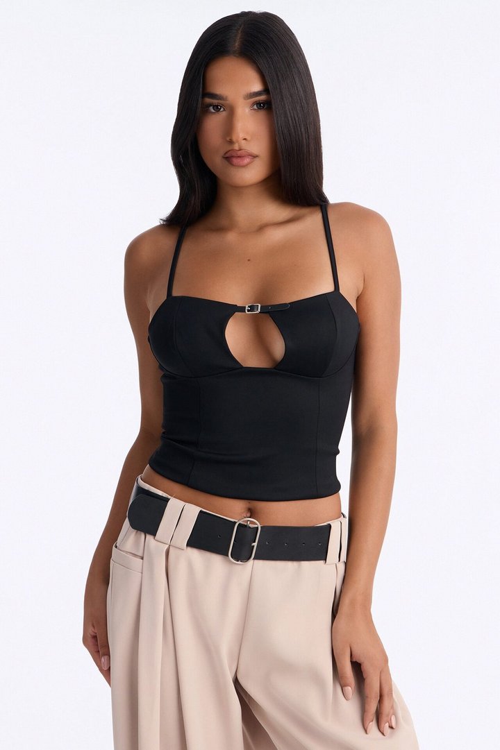 Rhyan Belted Sleeveless Top - Black