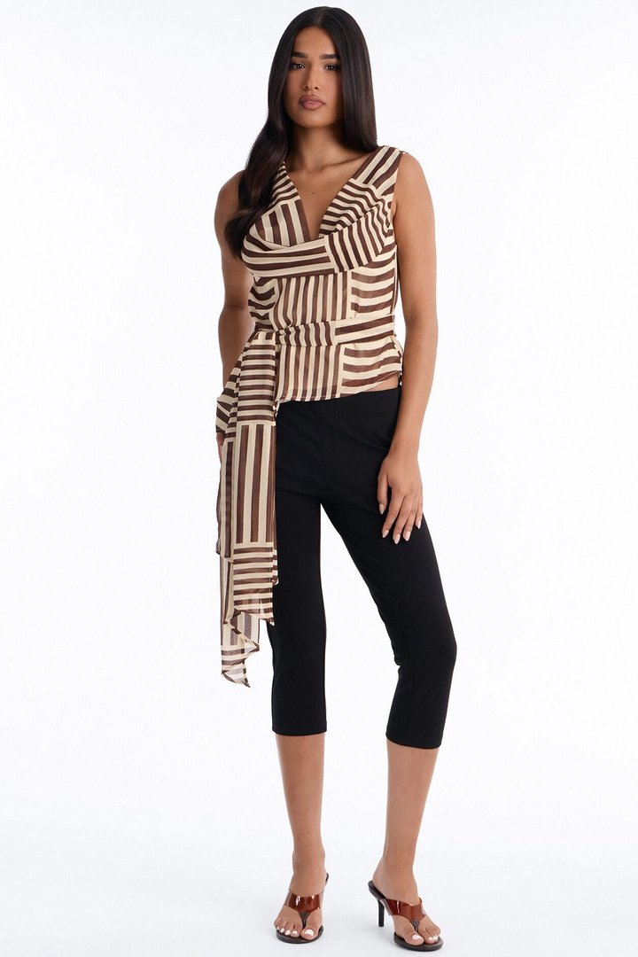 Calliope Tie Waist Striped Chiffon Blouse - Brown/combo