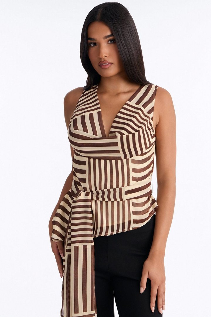 Calliope Tie Waist Striped Chiffon Blouse - Brown/combo