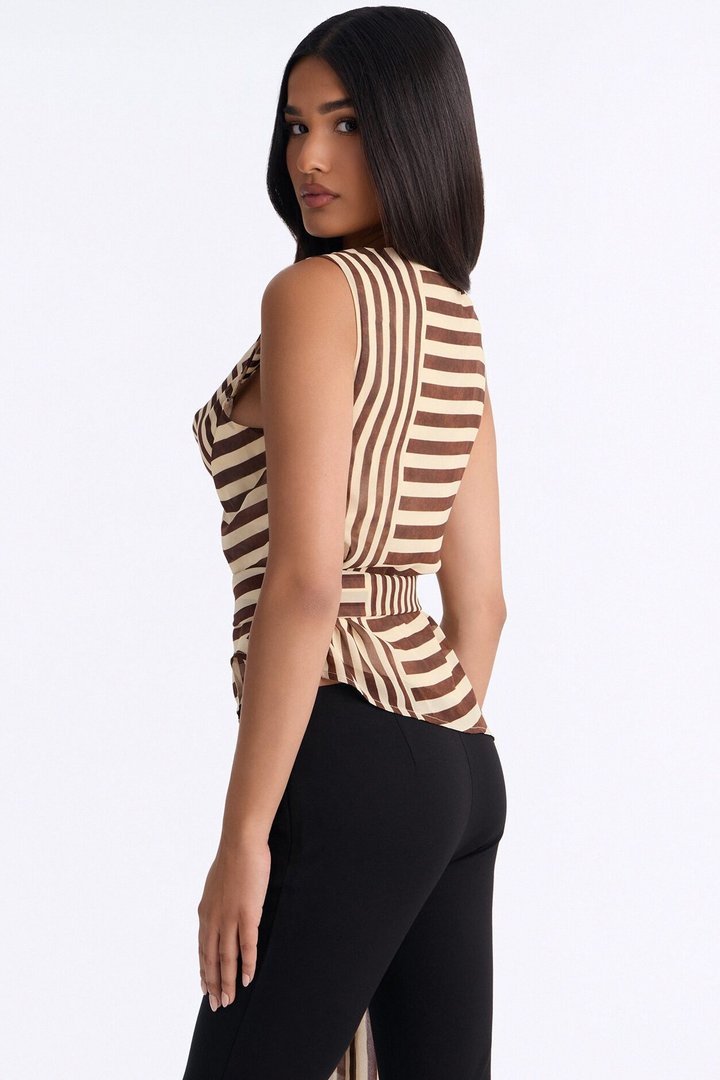 Calliope Tie Waist Striped Chiffon Blouse - Brown/combo