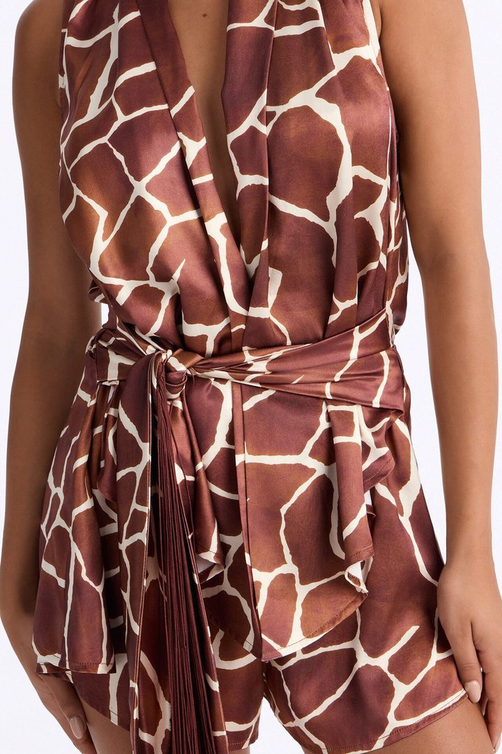 Naya Fringe Trim Plunge Romper - Brown