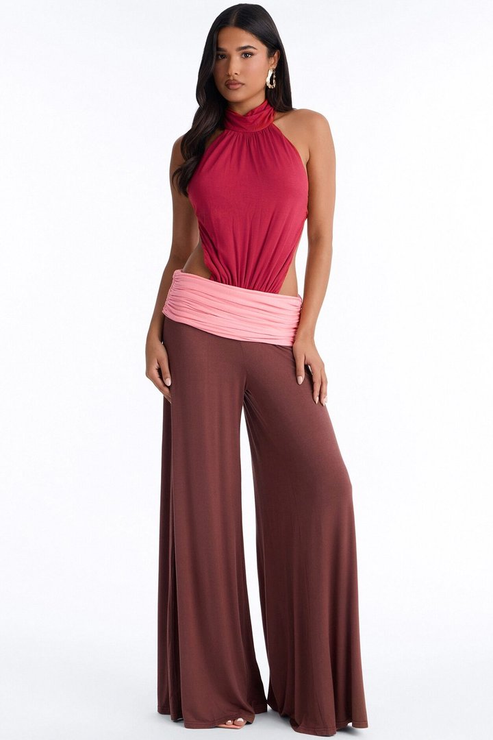 Rosalia Color Block Backless Jumpsuit - Brown/combo