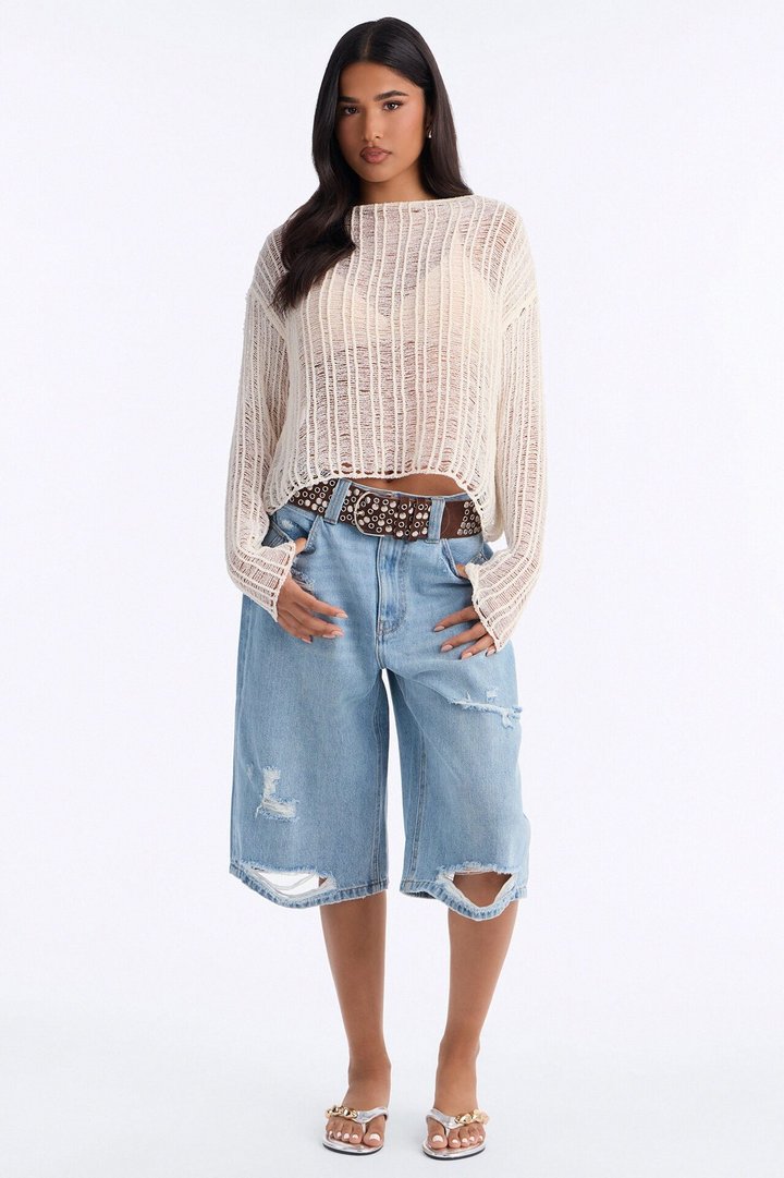 Arden Long Sleeve Distressed Sweater - Cream