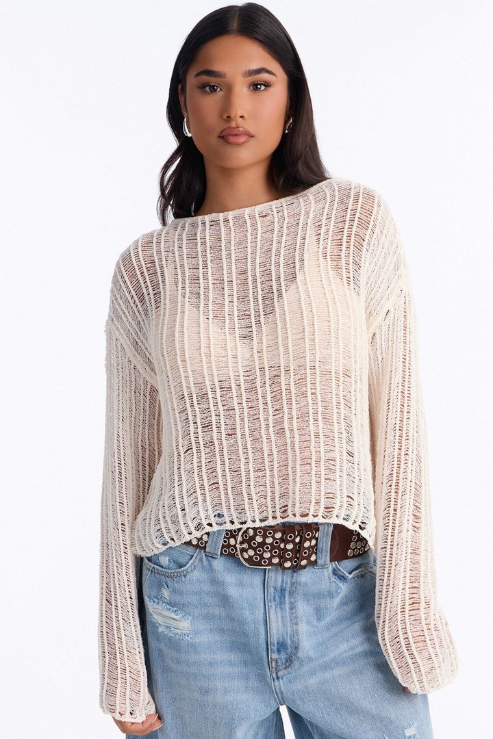 Arden Long Sleeve Distressed Sweater - Cream