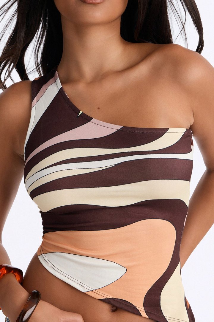 Portofino Abstract Asymmetrical One Shoulder Top - Brown/combo