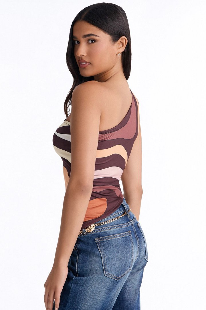 Portofino Abstract Asymmetrical One Shoulder Top - Brown/combo