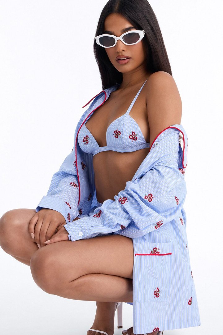 Alana Embroidered Pinstripe 3 Piece Short Set - Blue/combo