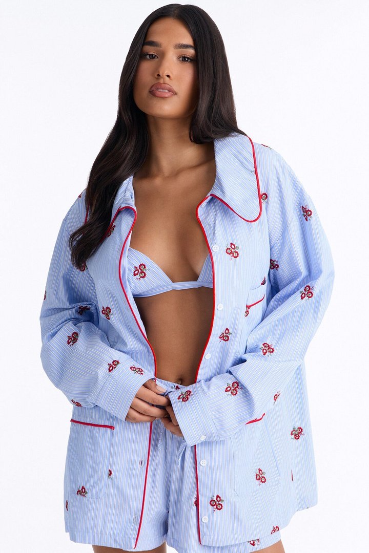 Alana Embroidered Pinstripe 3 Piece Short Set - Blue/combo