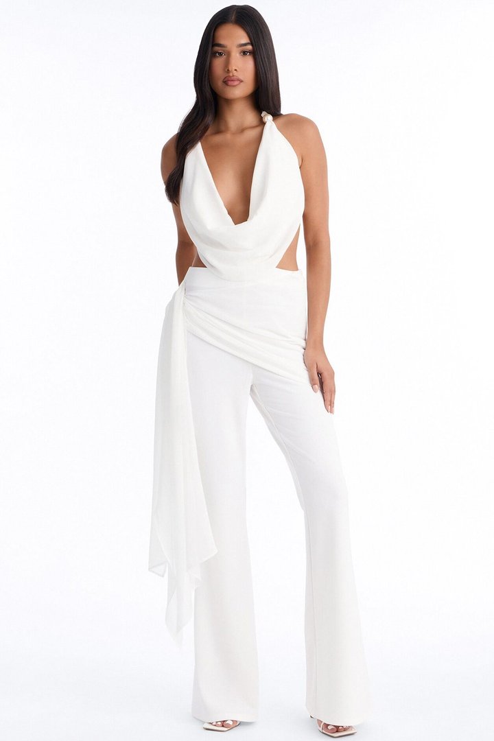 Halsey Chiffon Beaded Jumpsuit - Ivory
