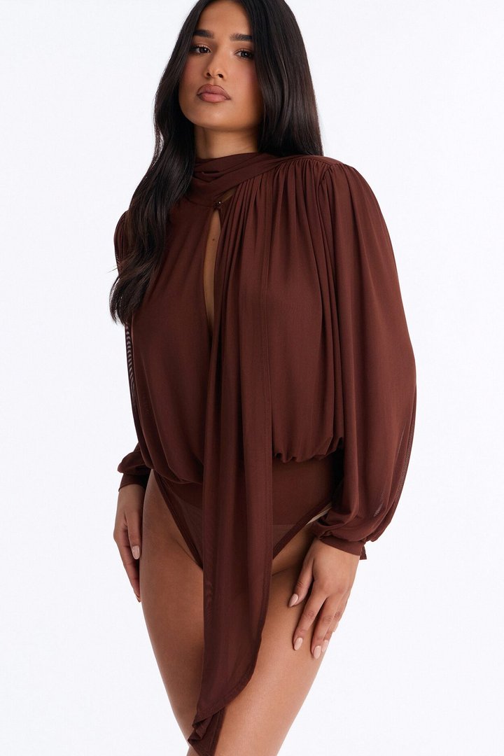 Melinna Mesh Scarf Long Sleeve Bodysuit - Chocolate