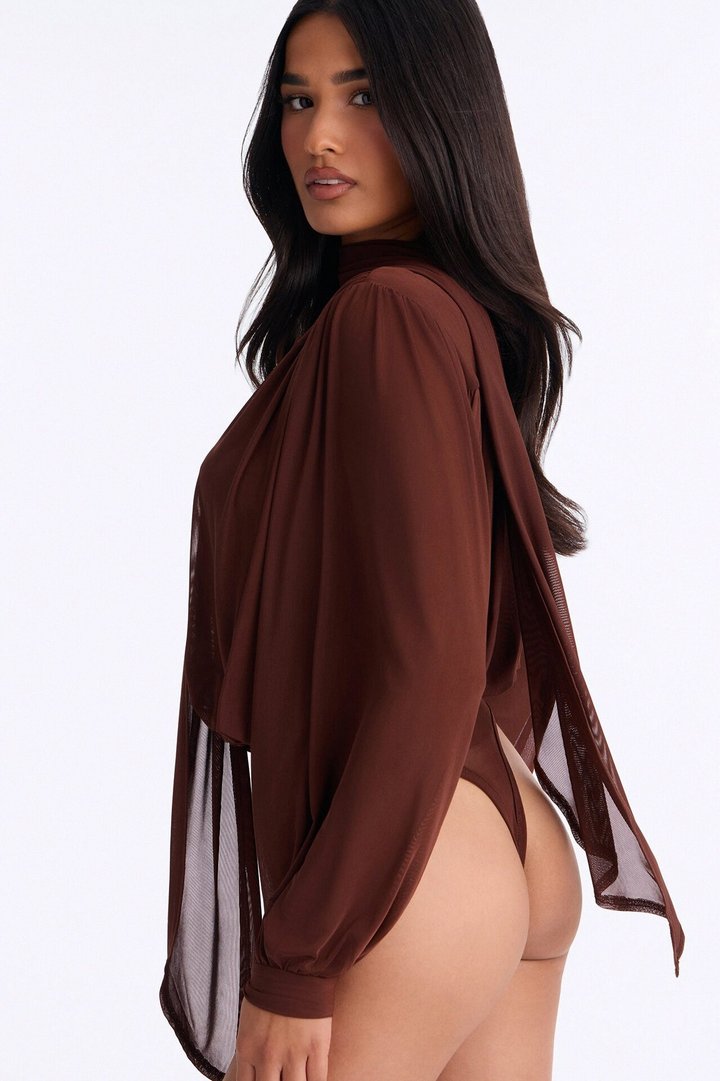 Melinna Mesh Scarf Long Sleeve Bodysuit - Chocolate