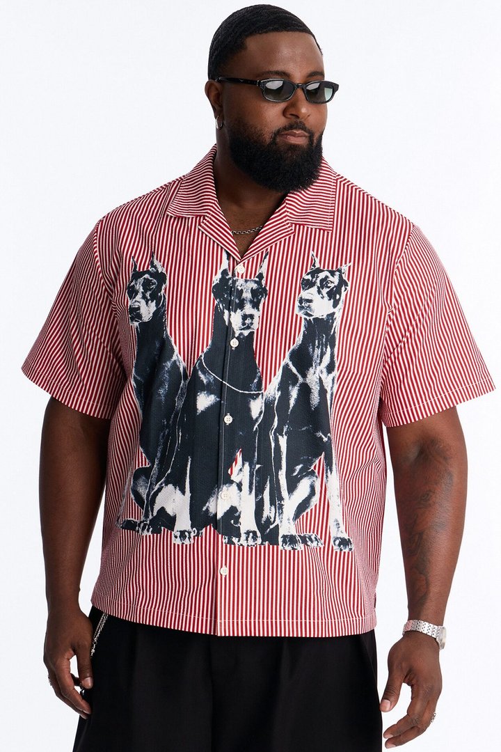 Doberman Seersucker Stripe Cuban Collar Button Up Shirt - Red/combo