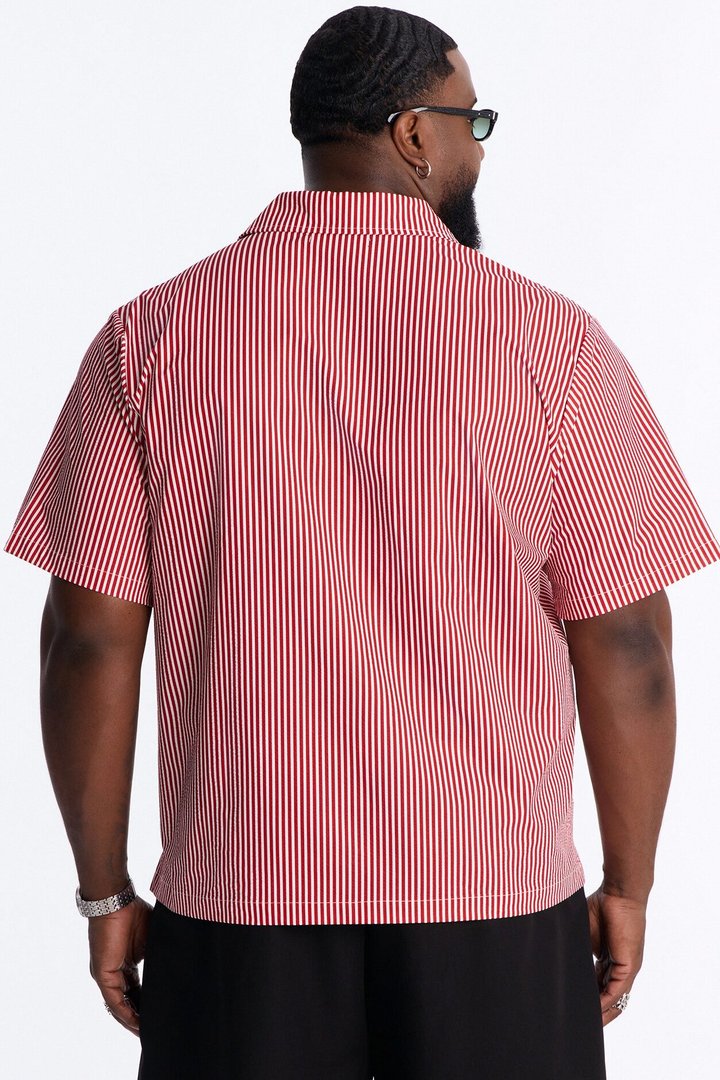 Doberman Seersucker Stripe Cuban Collar Button Up Shirt - Red/combo