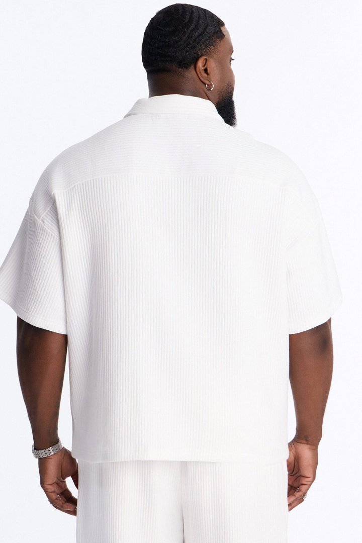 Textured Oversized Fleece Zip Up Shirt - Cream