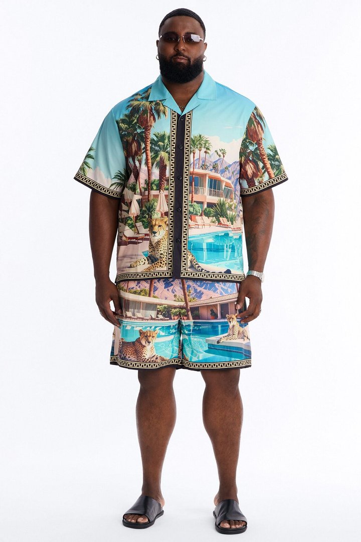 Relaxed Wild Prowl Photoreal Cuban Collar Button Up Shirt - Multi Color