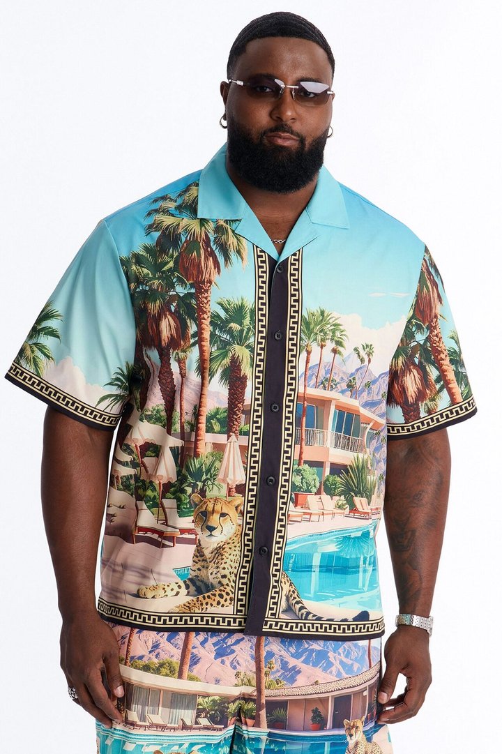 Relaxed Wild Prowl Photoreal Cuban Collar Button Up Shirt - Multi Color