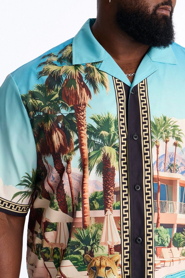 Relaxed Wild Prowl Photoreal Cuban Collar Button Up Shirt - Multi Color