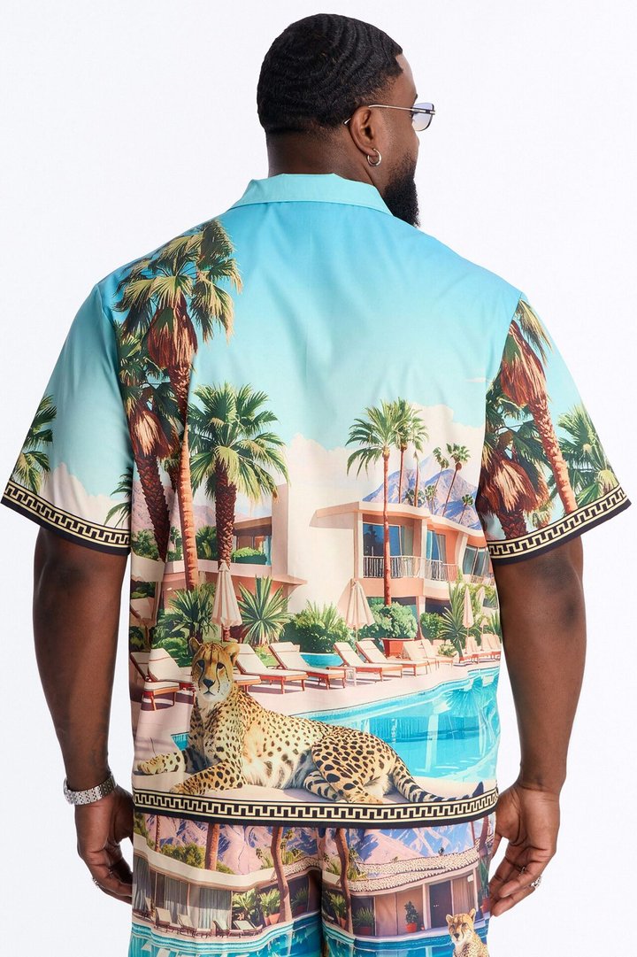 Relaxed Wild Prowl Photoreal Cuban Collar Button Up Shirt - Multi Color