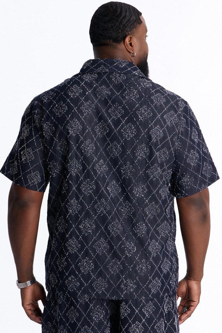 Diamond Frayed Jacquard Polo - Navy